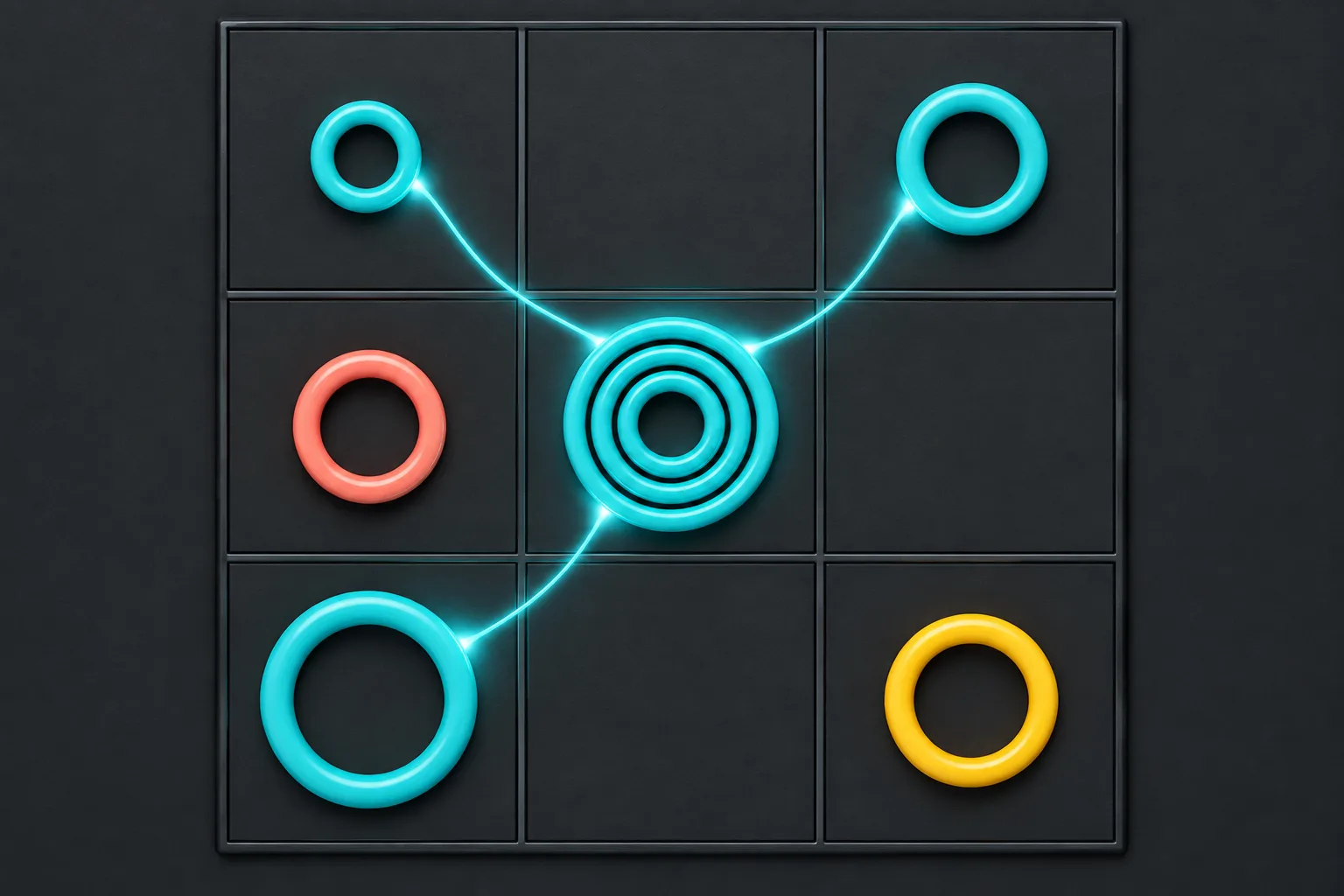 Three concentric aqua rings link to aqua targets across an illustrated board; coral and yellow rings remain separate.