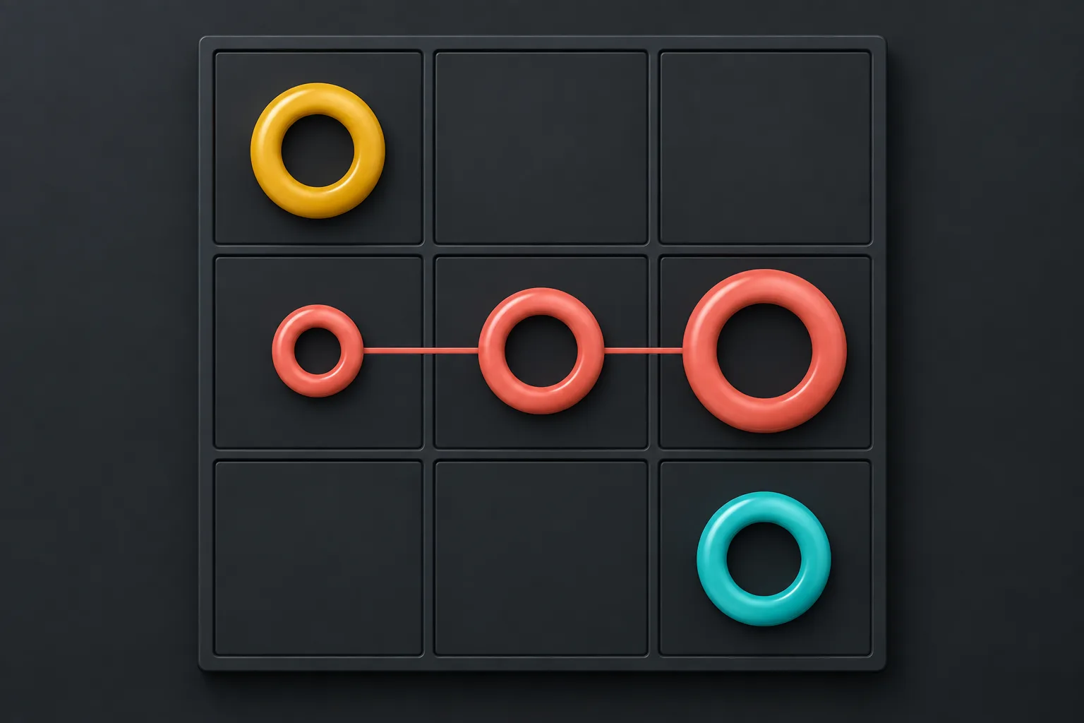 A coral small, medium, and large ring form a horizontal color line on an illustrated 3x3 board.
