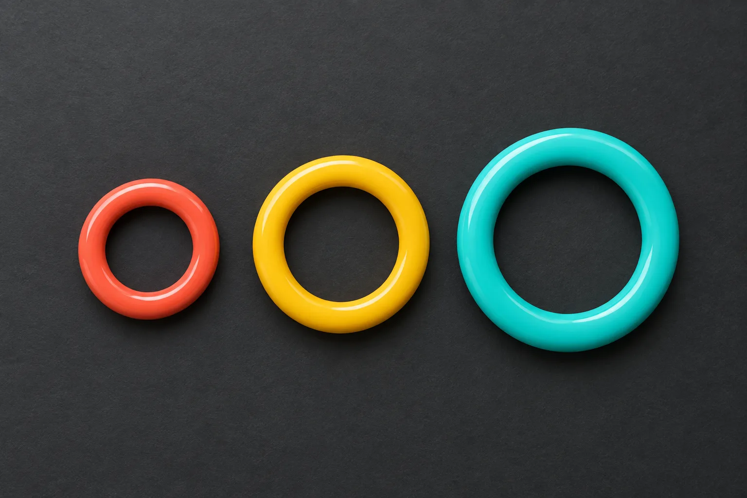 Small coral, medium yellow, and large aqua rings, illustrated side by side.